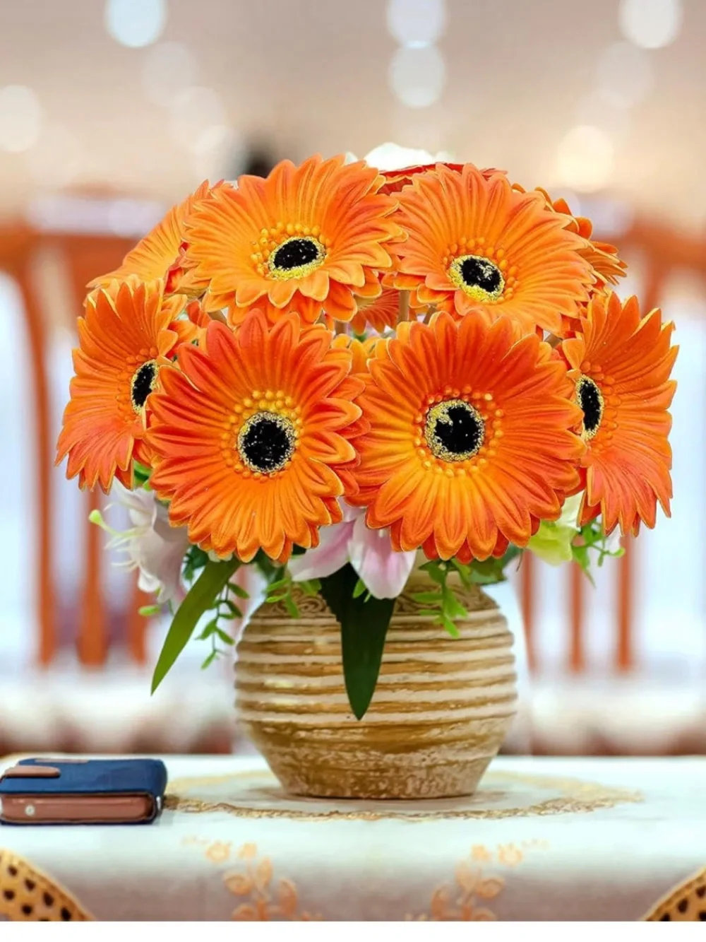 Artificial Gerbera Daisies Flowers Fake Daisy Real Touch(3 packs of 7 stems) 014
